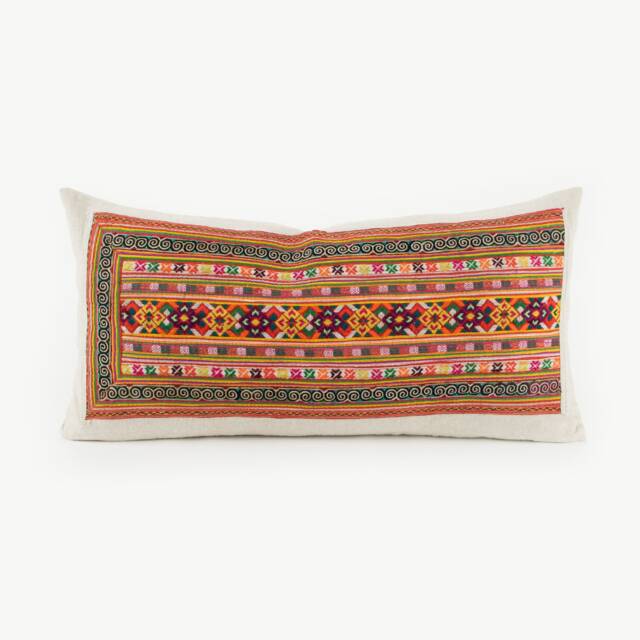 Hmong Embroidered Lumbar Pillow Cover, Hemp Back, Tribal Cushion - image 1