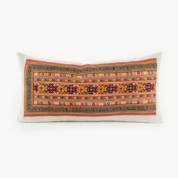 Hmong Embroidered Lumbar Pillow Cover, Hemp Back, Tribal Cushion