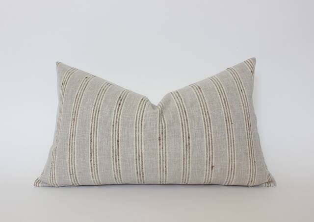 Lumbar Pillow in Neutral, Light Gray Cover, Taupe Stripe 12x20, For Bed, Neutral -- Landyn - image 1