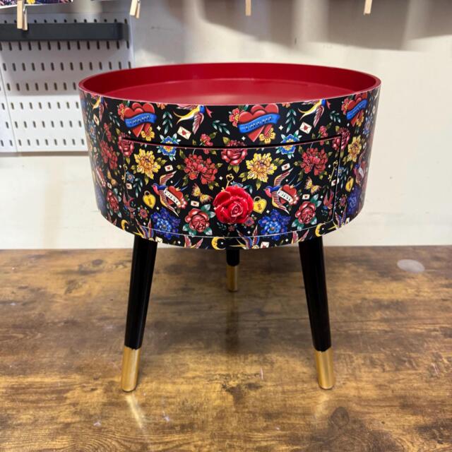 Popsy Burchett Tattoo Print Round Bedside Table . Fun Bright Home Decor Ideal For Nightstand Or Side Table. Red, Black, Heart - image 1