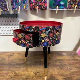 Popsy Burchett Tattoo Print Round Bedside Table . Fun Bright Home Decor Ideal For Nightstand Or Side Table. Red, Black, Heart - thumbnail 4
