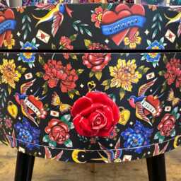 Popsy Burchett Tattoo Print Round Bedside Table . Fun Bright Home Decor Ideal For Nightstand Or Side Table. Red, Black, Heart - thumbnail 3