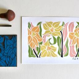 Linocut Spring Daffodil Flower Art Print - Colourful Pastel Flowers Wall/A5 Or A4 On Cotton Paper Easter Linocut - thumbnail 3