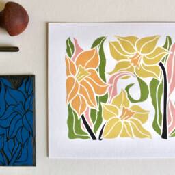Linocut Spring Daffodil Flower Art Print - Colourful Pastel Flowers Wall/A5 Or A4 On Cotton Paper Easter Linocut - thumbnail 2