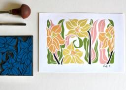 Linocut Spring Daffodil Flower Art Print - Colourful Pastel Flowers Wall/A5 Or A4 On Cotton Paper Easter Linocut - thumbnail 1