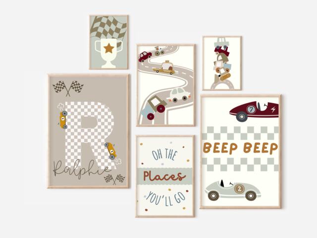 Set Of Race Car & Vehicle Gallery Wall Prints For A Bedroom, Playroom Or Nursery, Including Personalised Initial Print - Unframed - image 1