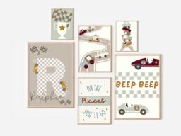 Set Of Race Car & Vehicle Gallery Wall Prints For A Bedroom, Playroom Or Nursery, Including Personalised Initial Print - Unframed - thumbnail 1
