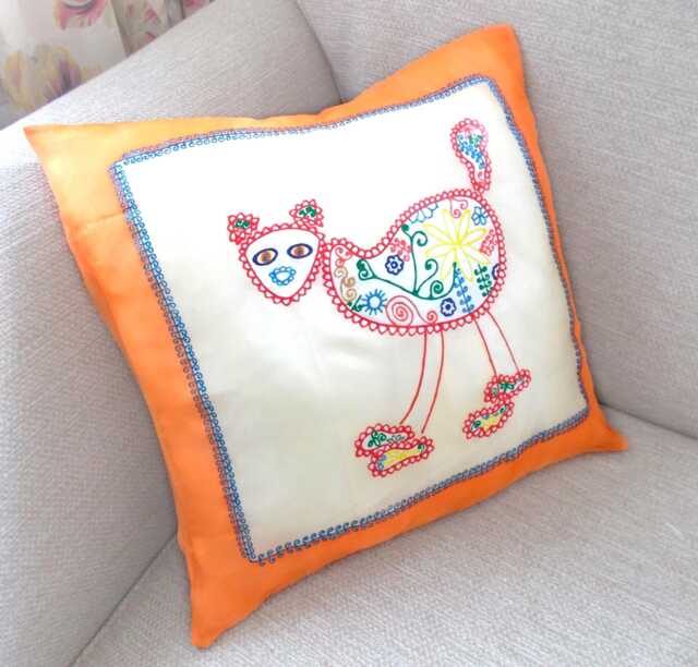 Hand Painted Silk Cushion Cover Fun Mexican Cat Design in Orange - image 1