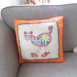 Hand Painted Silk Cushion Cover Fun Mexican Cat Design in Orange - thumbnail 3