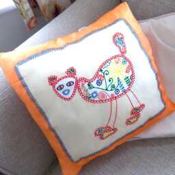 Silk Cushion Cover. Fun Mexican Cat. Orange, White, Blue, Red, Yellow. Glitter Effects. Housewarming - thumbnail 4