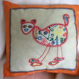 Hand Painted Silk Cushion Cover Fun Mexican Cat Design in Orange - thumbnail 2