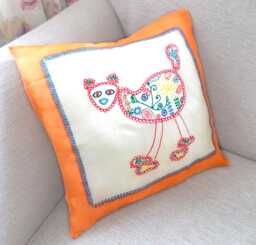 Silk Cushion Cover. Fun Mexican Cat. Orange, White, Blue, Red, Yellow. Glitter Effects. Housewarming