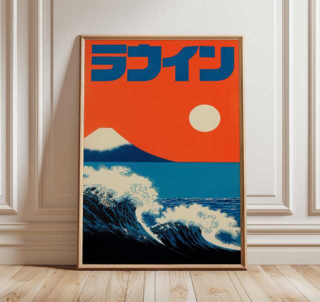 Japanese Sunrise Poster, Retro Ocean Wall Art, Minimalist Print, Bold Graphic Design, Modern Coastal Decor, Wabi Sabi Artwork - image 1