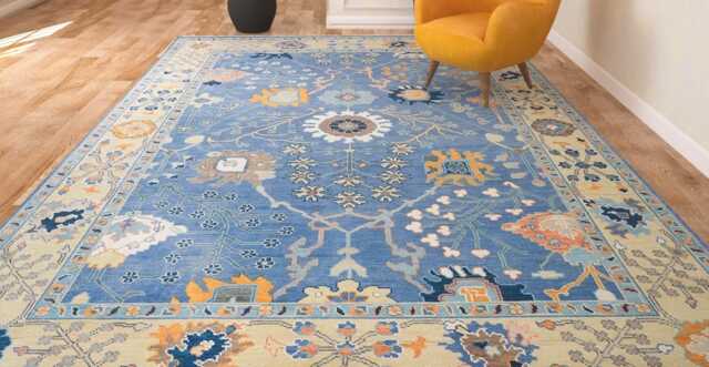Handmade Oushak Wool Rug, Floral Fine Woolcarpet, Blue, Orange & Yellow Ar_3307 - image 1