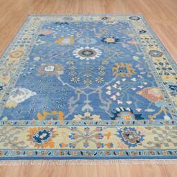 Handmade Oushak Wool Rug, Floral Fine Woolcarpet, Blue, Orange & Yellow Ar_3307 - thumbnail 3