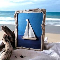Driftwood 3D Sailboat, Organic Framed Wall Art - thumbnail 1