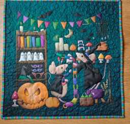 Halloween Embroidered Textile Art Whimsical Wall Hanging - 18x18 - thumbnail 1