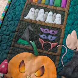 Halloween Embroidered Textile Art Whimsical Wall Hanging - 18x18 - thumbnail 2