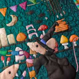 Halloween Embroidered Textile Art Whimsical Wall Hanging - 18x18 - thumbnail 3