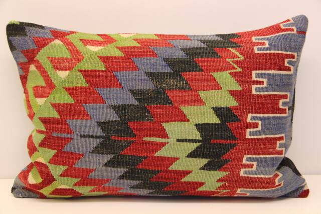 Turkish Kilim Pillow Cover 16x24, Vintage Wool Lumbar Cushion - image 1