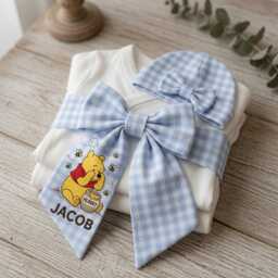 Personalized Honey Bear Gingham Embroidered Newborn Bow Sash, Monogram Baby Pooh Swaddle, Winnie Sash Shower Gift - thumbnail 2