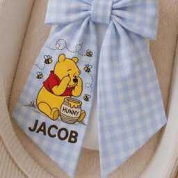 Personalized Honey Bear Gingham Embroidered Newborn Bow Sash, Monogram Baby Pooh Swaddle, Winnie Sash Shower Gift - thumbnail 3