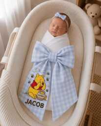 Personalized Honey Bear Gingham Embroidered Newborn Bow Sash, Monogram Baby Pooh Swaddle, Winnie Sash Shower Gift