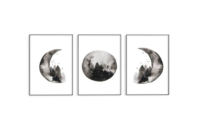 Moon Phases Art Print - Set Of 3 Boho Spiritual Luna Black Watercolour With Forest Shadow Gift Full Moon Half - image 1