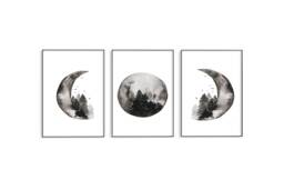 Moon Phases Art Print - Set Of 3 Boho Spiritual Luna Black Watercolour With Forest Shadow Gift Full Moon Half - thumbnail 1