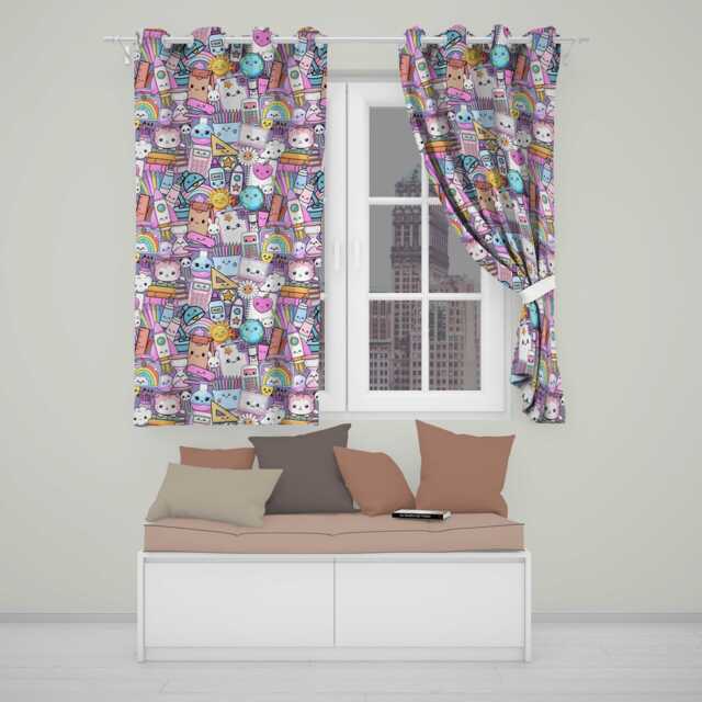Cute Kawaii School Supplies Desk Rainbow Sun Globe Purple Seamless Pattern Readymade Eyelet Ring Top Thermal 100% Blackout Curtains - image 1