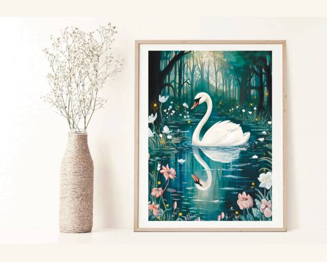 A4 A5 White Swan On The Lake Art Print - Forest Fantasy Poster Bird Woodlands Botanical Garden - image 1