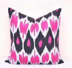 Pink Black Ikat Pillow Cover, Handmade Cotton Cushion - 20x20 In - thumbnail 1