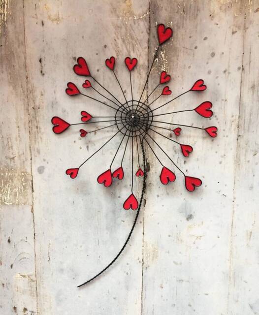 Pink Dandelion Flower in Annealed Wire, Wall Decoration, Metal & Fabric, Home Decoration Gift With Heart, Red, Nature, Wire - image 1