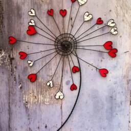 Pink Dandelion Flower in Annealed Wire, Wall Decoration, Metal & Fabric, Home Decoration Gift With Heart, Red, Nature, Wire - thumbnail 3