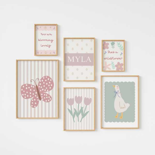 Personalized Girls Room Prints Wildflowers, Goose, Butterfly, Pastel Wall Art - image 1