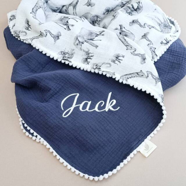 Personalized Muslin Swaddle Blanket, Elephant Giraffe Print, Organic Cotton Newborn Gift - image 1