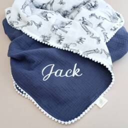Personalized Muslin Swaddle Blanket, Elephant Giraffe Print, Organic Cotton Newborn Gift