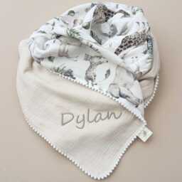 Personalized Muslin Swaddle Blanket, Elephant Giraffe Print, Organic Cotton Newborn Gift - thumbnail 2