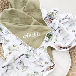 Personalized Muslin Swaddle Blanket, Elephant Giraffe Print, Organic Cotton Newborn Gift - thumbnail 3