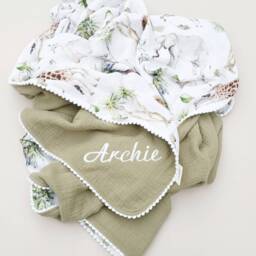 Personalized Muslin Swaddle Blanket, Elephant Giraffe Print, Organic Cotton Newborn Gift - thumbnail 2
