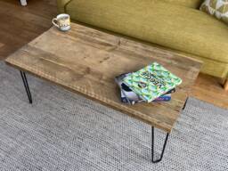 Handmade Reclaimed Wood Coffee Table - Rustic Industrial Scaffold Board With Colourful Hairpin Legs