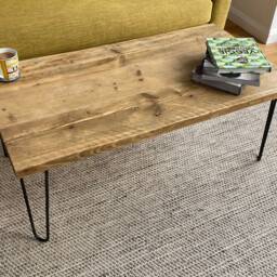 Handmade Reclaimed Wood Coffee Table - Rustic Industrial Scaffold Board With Colourful Hairpin Legs - thumbnail 3