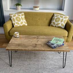Handmade Reclaimed Wood Coffee Table - Rustic Industrial Scaffold Board With Colourful Hairpin Legs - thumbnail 2