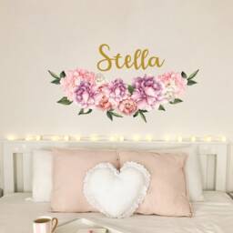 Peony With Name Wall Decal Girl Bedroom, Toddler Room Sticker Above Crib Bed, Watercolor Pink Purple Flowers Decoration - thumbnail 3