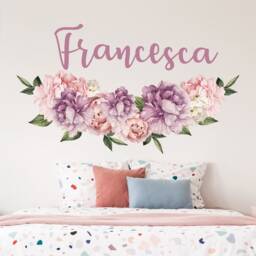 Peony With Name Wall Decal Girl Bedroom, Toddler Room Sticker Above Crib Bed, Watercolor Pink Purple Flowers Decoration - thumbnail 2