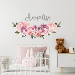 Peony With Name Wall Decal Girl Bedroom, Toddler Room Sticker Above Crib Bed, Watercolor Pink Purple Flowers Decoration