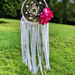 White Wall Decor Dream Catcher. Classic & Chic Crystal Glass Beaded Dreamcatcher/Pink Floral Accents. Bedroom Nursery Hanging - thumbnail 4