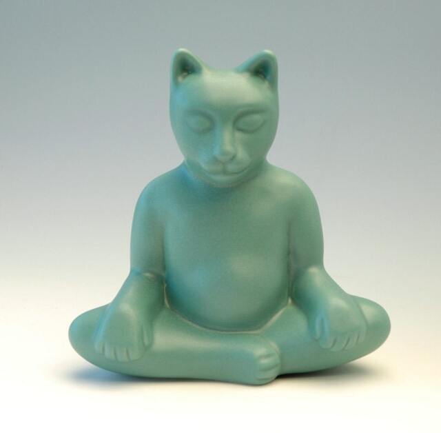 Buddha Cat, Zen Art Pottery, Handmade Meditating Yoga Cat Sculpture, Jade Green - image 1