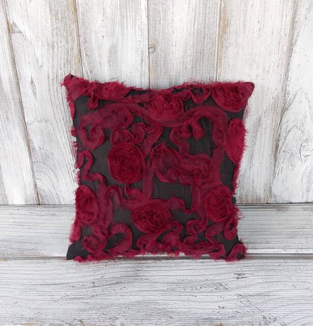 Pillow Cushion in Black With Maroon Ruffles, Texture & Flowers, Shabby Chic Romantic Home Decor - image 1
