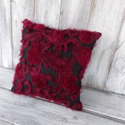 Pillow Cushion in Black With Maroon Ruffles, Texture & Flowers, Shabby Chic Romantic Home Decor - thumbnail 3